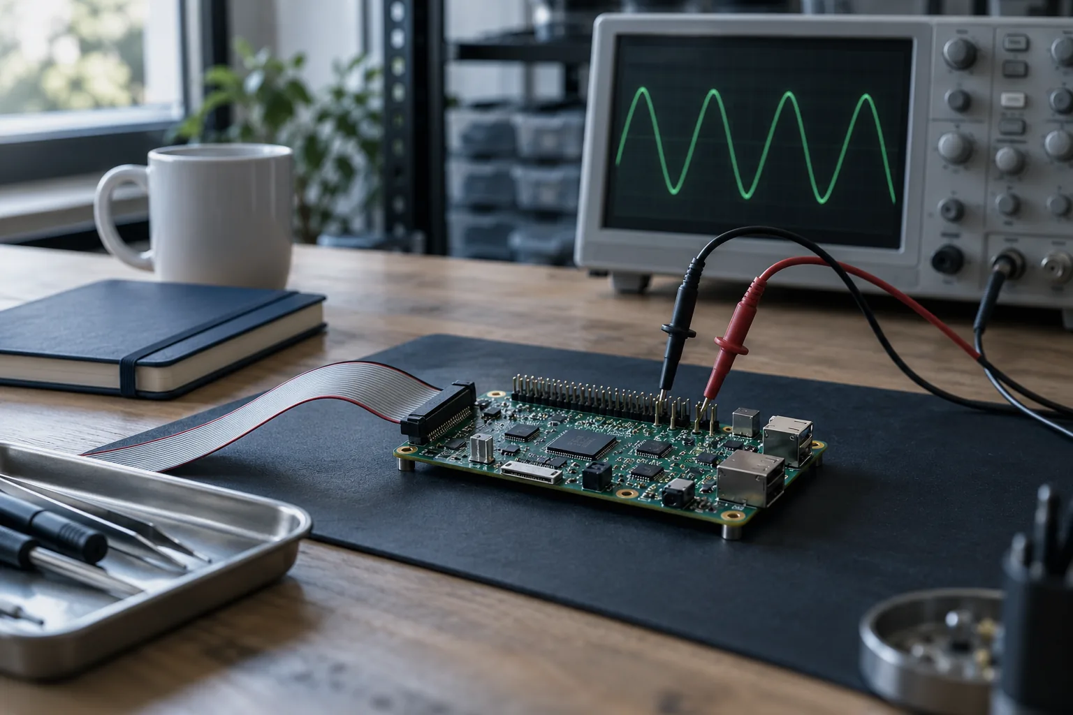 An electronics workbench in daylight, with a development board, two probe leads and an oscilloscope.