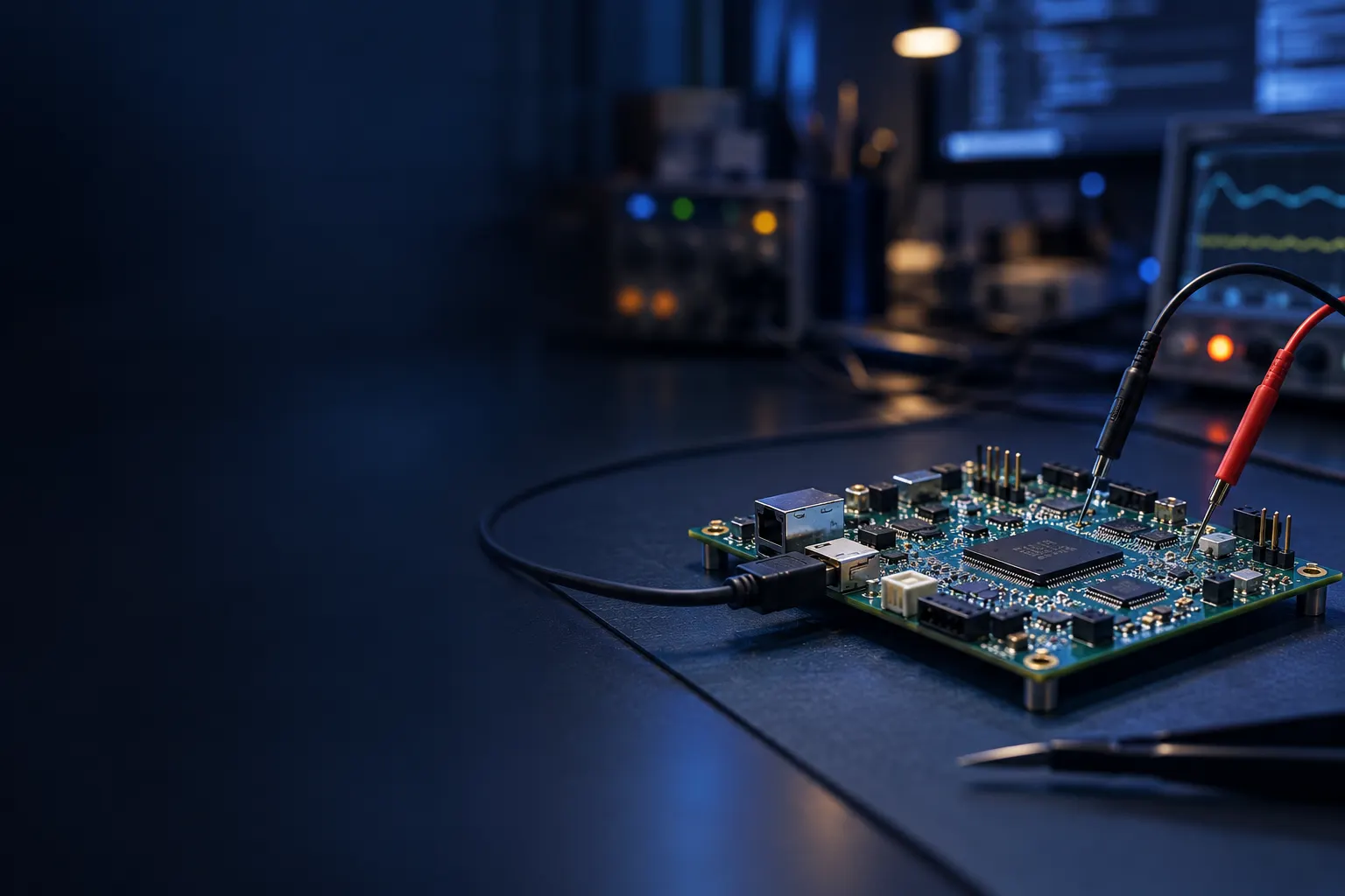 A circuit board on a workbench, with two test probes and a cable connected to it.