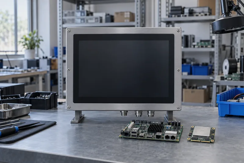 Un ordenador de panel con la pantalla apagada sobre un banco de taller, con una placa base y un módulo de computación.
