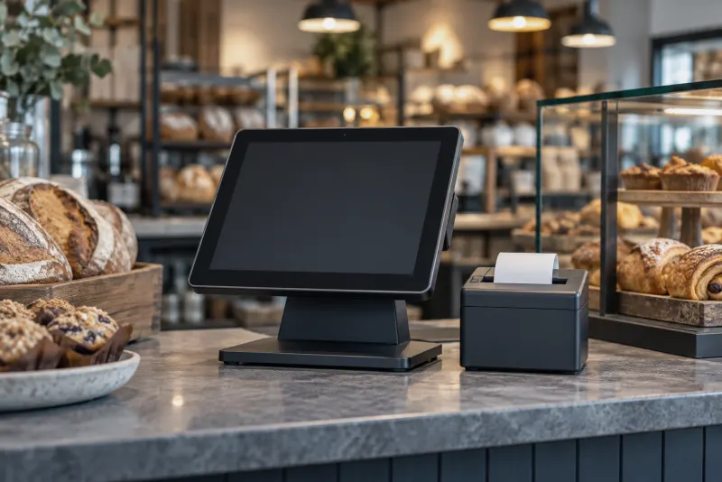 A point-of-sale terminal and a receipt printer on the counter of a bakery.