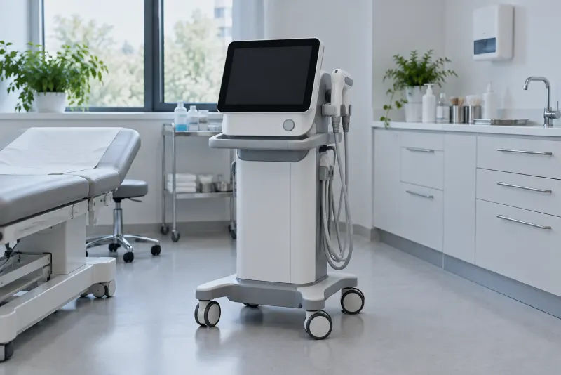 A medical device with a dark screen on a cart in a clinic room.