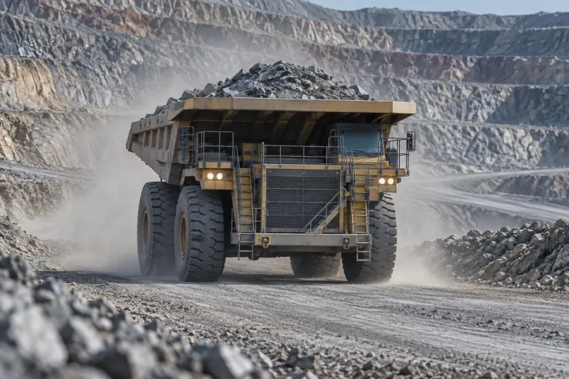 A haul truck with a load of rock on a road in an open-pit mine.