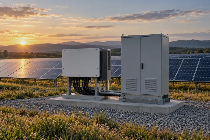 An inverter and a control cabinet in front of a field of solar panels.