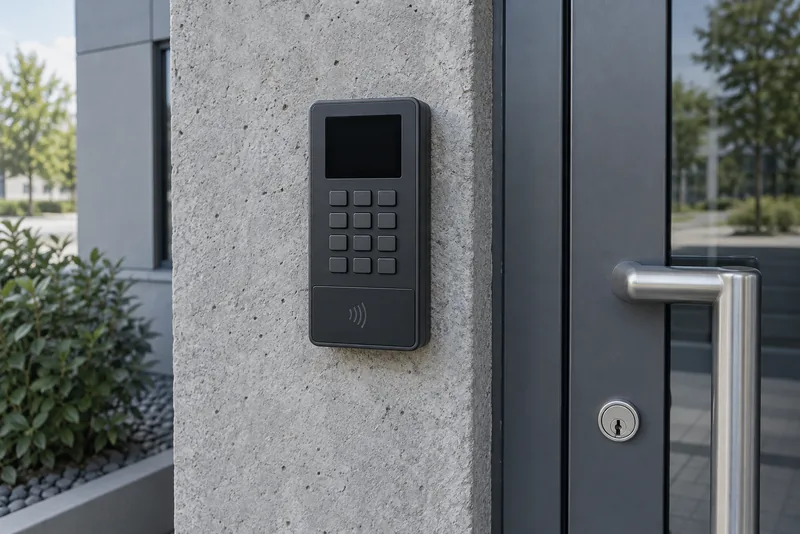 Una terminal de puerta con teclado y lector de tarjetas sobre una pared de hormigón, junto a una puerta de acero.
