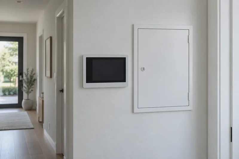 Un panel de control con la pantalla apagada en la pared de un pasillo, junto a una caja eléctrica blanca.