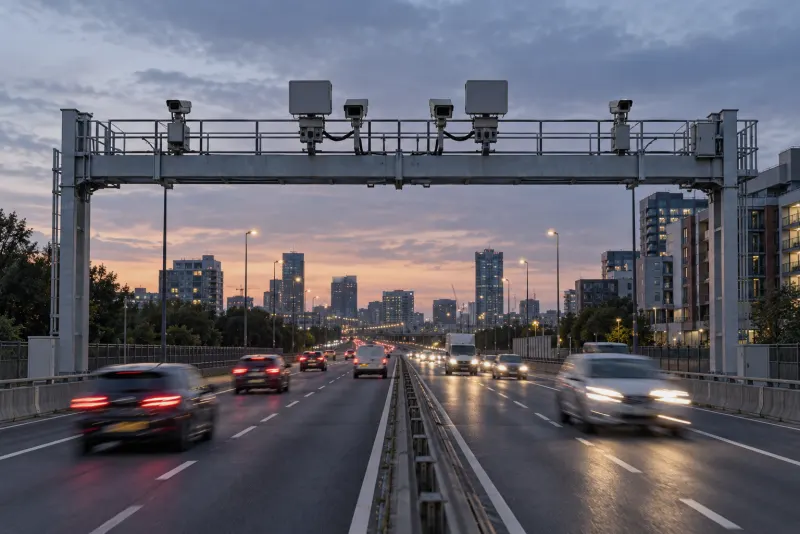 A steel gantry with cameras and sensor units above a city road at dusk.