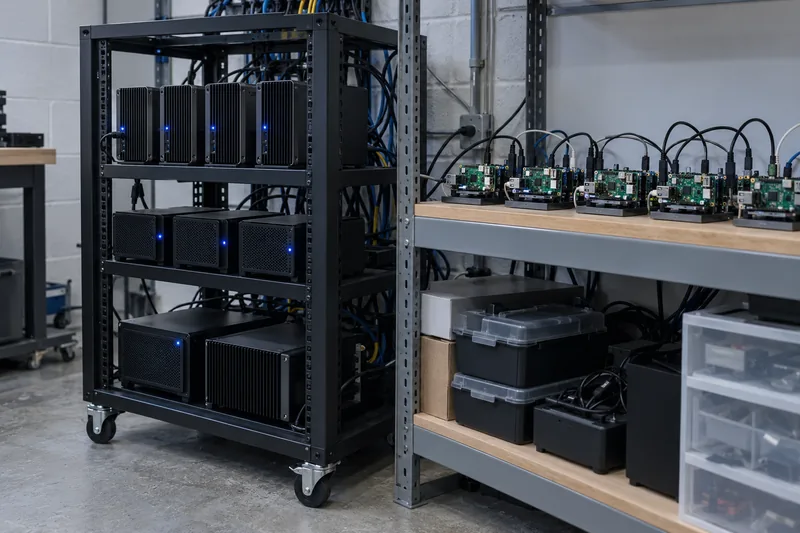 A short server rack with build machines and a shelf of single-board computers beside it.