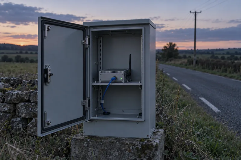 An outdoor equipment cabinet with its door open beside a rural road at dusk, with a small computer inside.