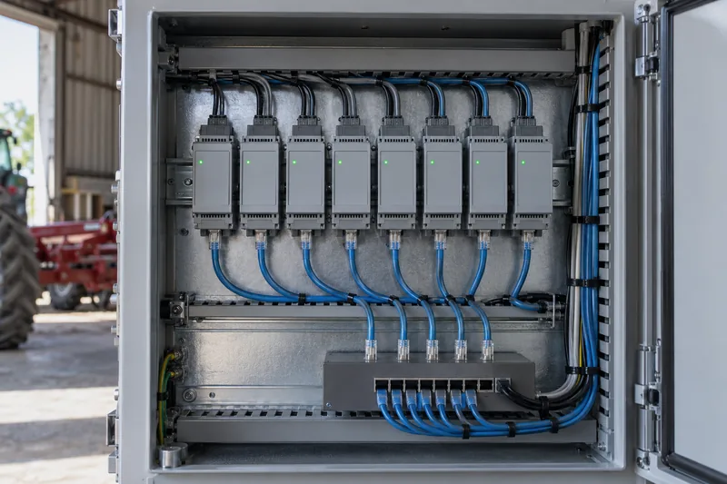 A row of industrial controllers on a rail inside an open control cabinet, each with a status light on.